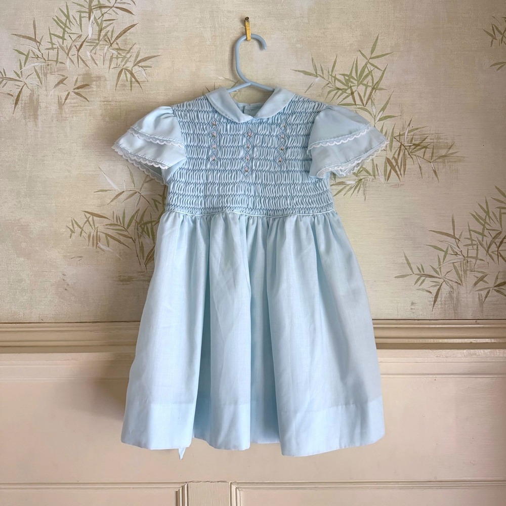 Vintage Polly Flinders Hand Smocked Dress Blue Size 5 Floral Embroidery Lace